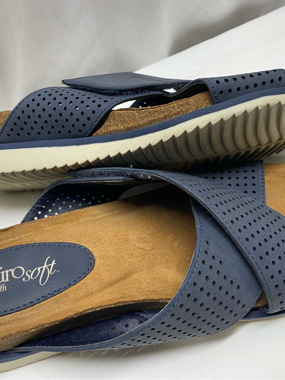 * euro soft 9M Navy Perforated Slide Mules flip flop blue straps vegan leather